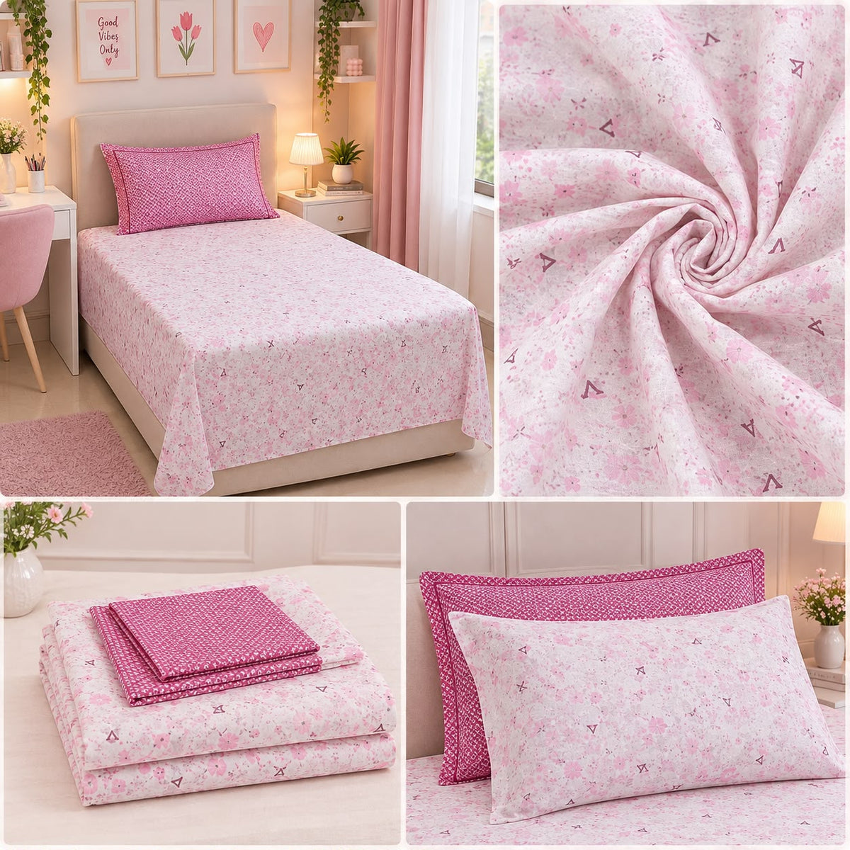 Athast Single Bedsheet with Pillow Covers, Light Pink colour