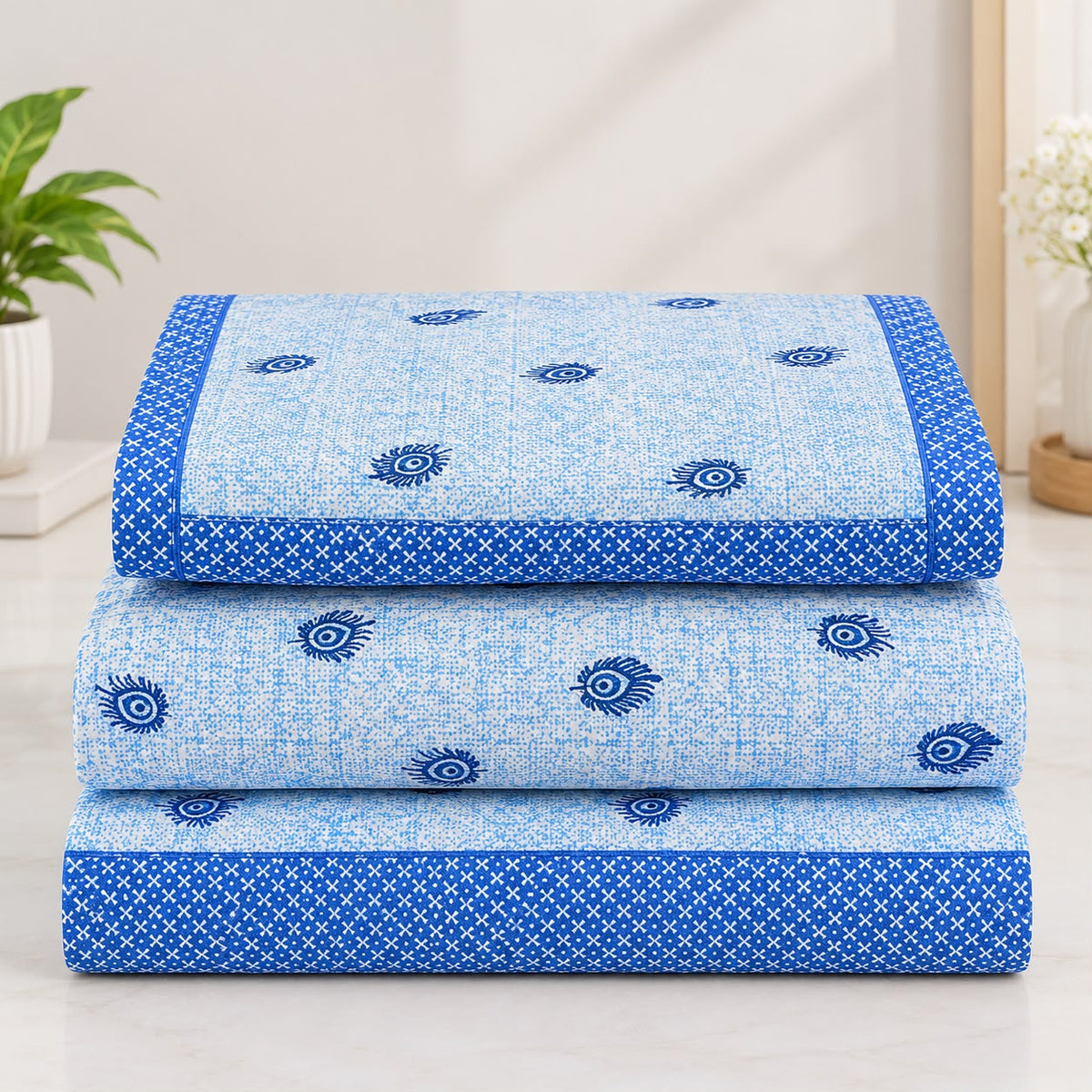 Athast Blue & White Floral Printed Double Bedsheet with Pillow Covers