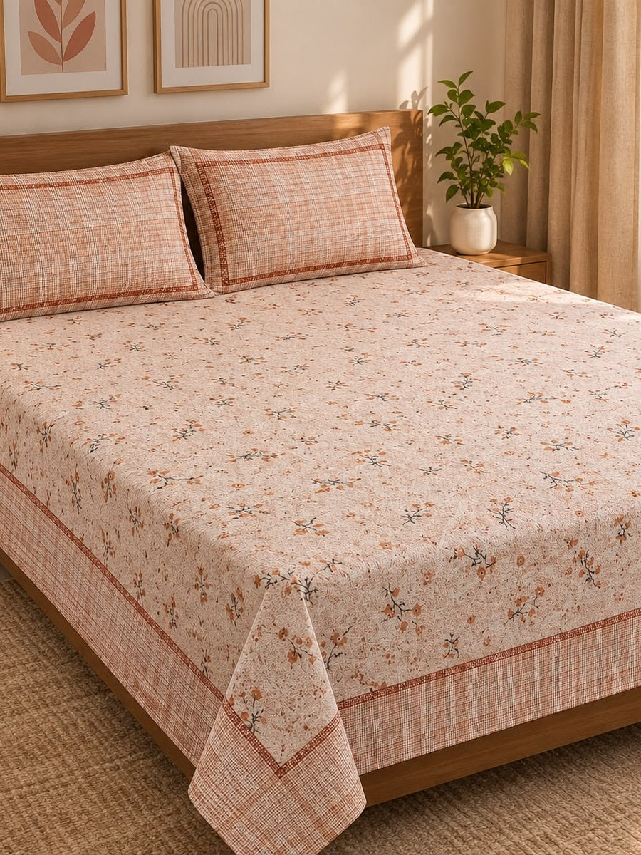 Athast Peach & Cream Floral Printed Double Bedsheet with Pillow Covers