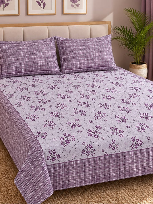 Athast Purple & White Floral Printed Double Bedsheet with Pillow Covers