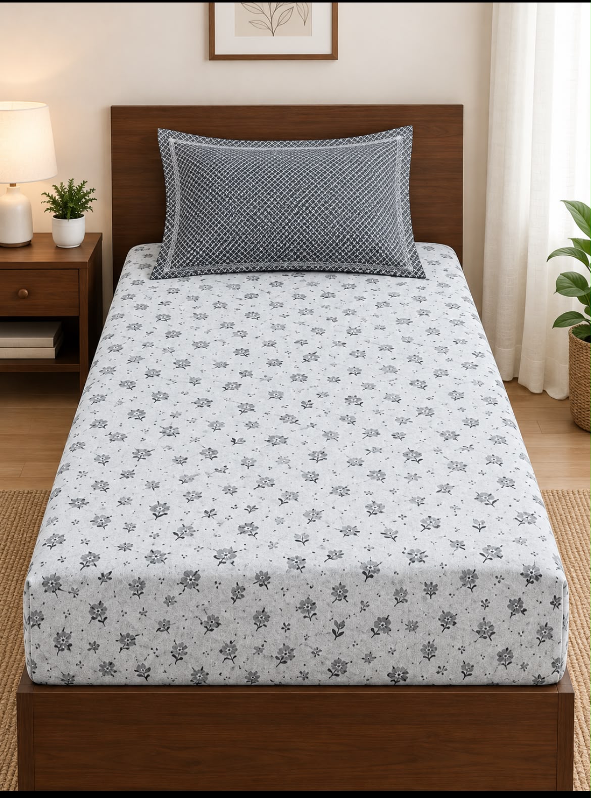 Athast Single Bedsheet with Pillow Covers, Grey colour