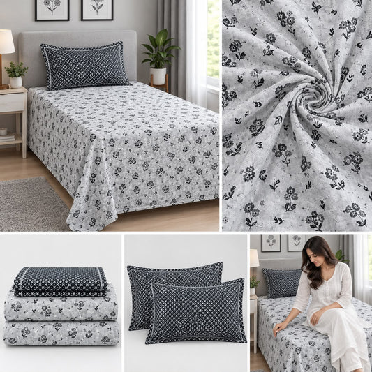Athast Single Bedsheet with Pillow Covers, Grey colour