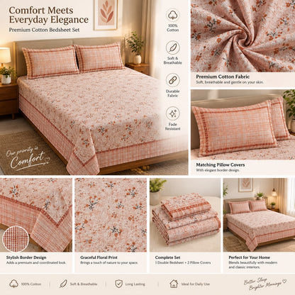 Athast Peach & Cream Floral Printed Double Bedsheet with Pillow Covers