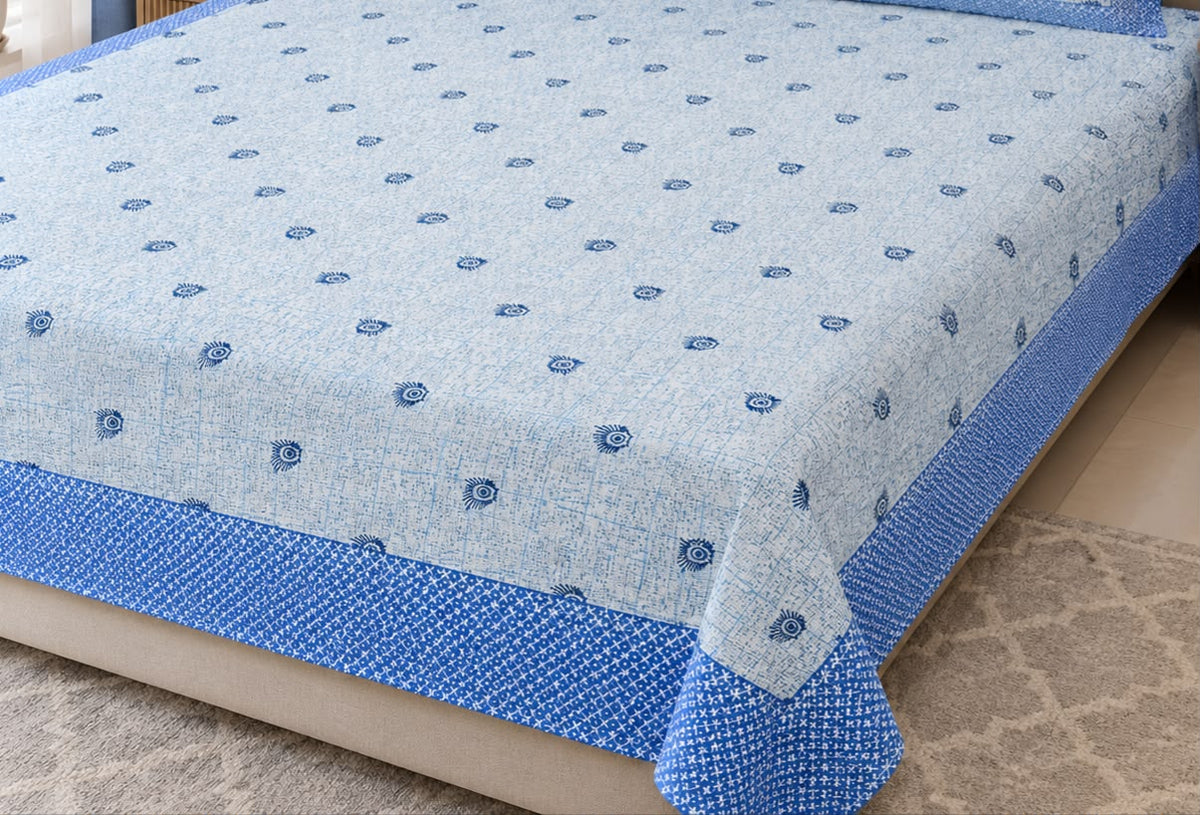 Athast Blue & White Floral Printed Double Bedsheet with Pillow Covers