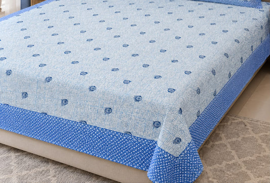Athast Blue & White Floral Printed Double Bedsheet with Pillow Covers