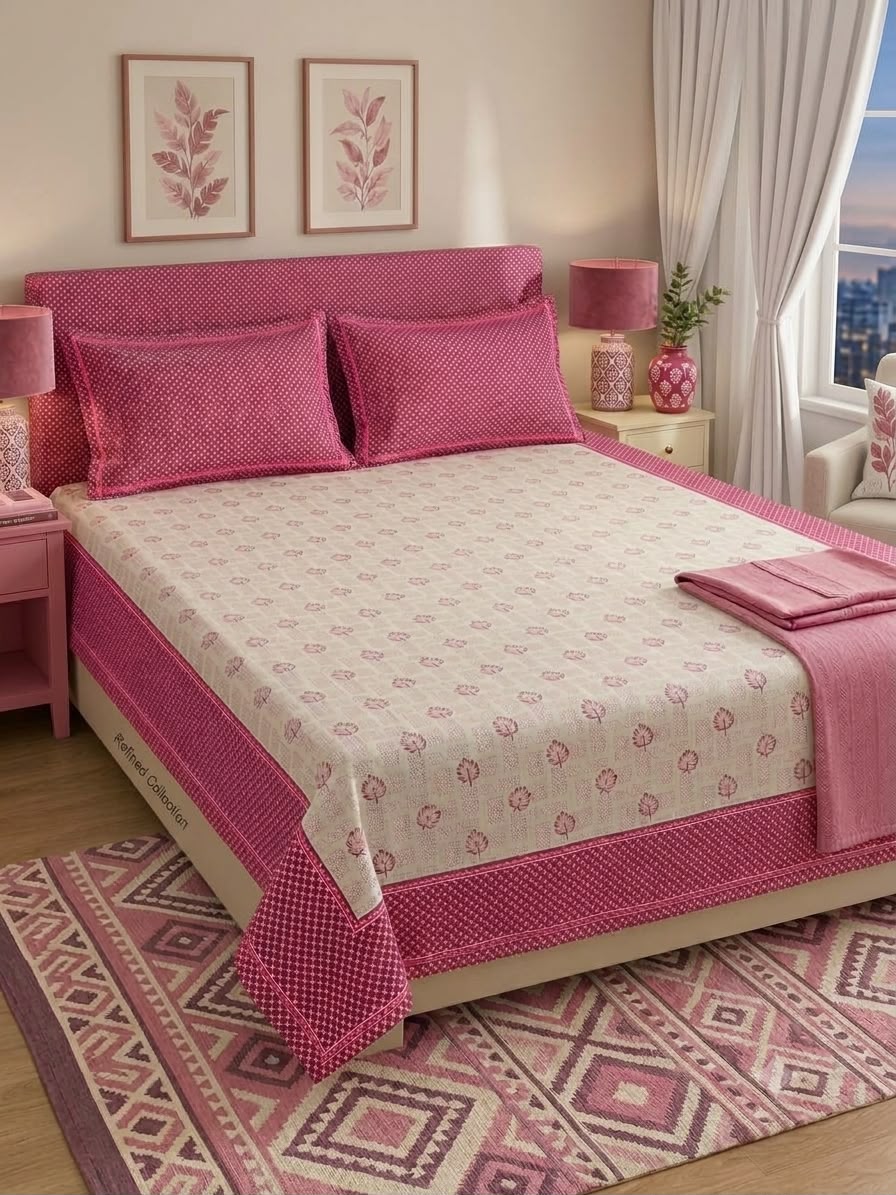 Athast Pink & Cream Floral Printed Double Bedsheet with Pillow Covers