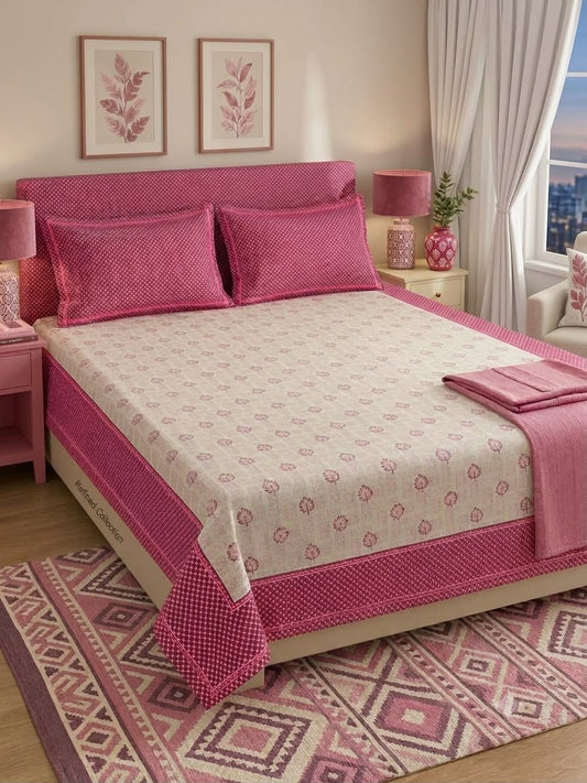 Athast Pink & Cream Floral Printed Double Bedsheet with Pillow Covers