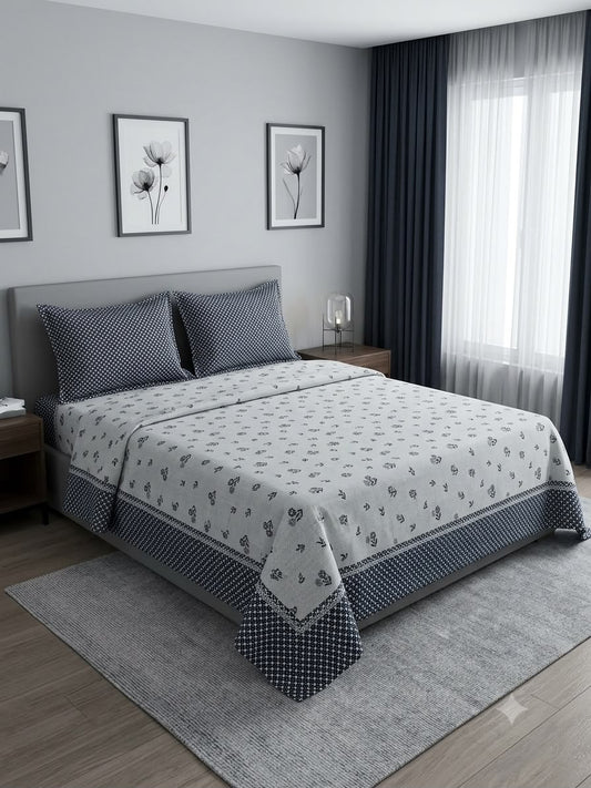 Athast White & Grey Printed Double Bedsheet with Pillow Covers