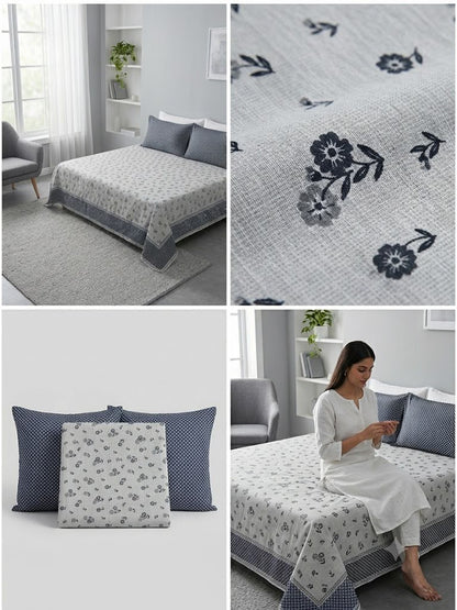 Athast White & Grey Printed Double Bedsheet with Pillow Covers