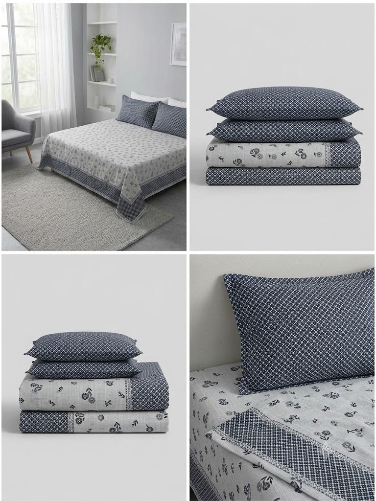 Athast White & Grey Printed Double Bedsheet with Pillow Covers