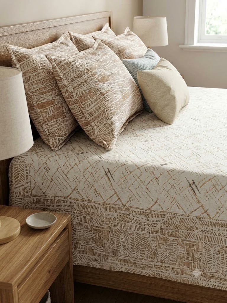 Athast Beige & Ivory Printed Double Bedsheet with Pillow Covers