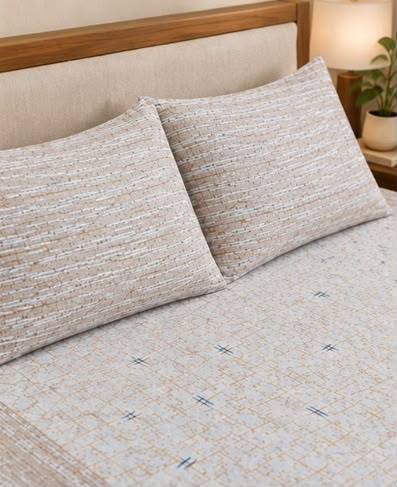 Athast Beige & Ivory Printed Double Bedsheet with Pillow Covers