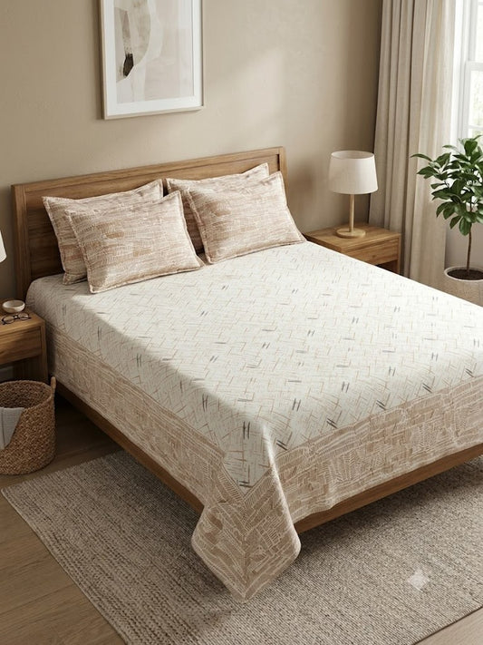 Athast Beige & Ivory Printed Double Bedsheet with Pillow Covers