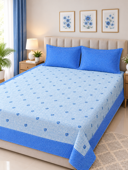 Athast Blue & White Floral Printed Double Bedsheet with Pillow Covers