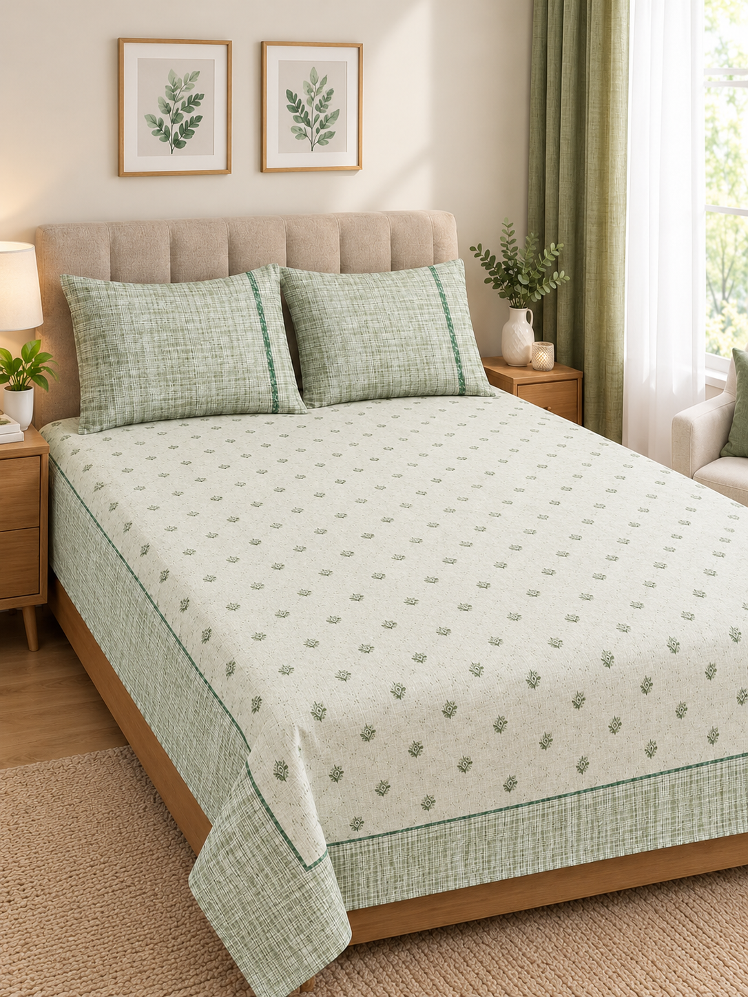 Athast Green & Cream Floral Printed Double Bedsheet with Pillow Covers