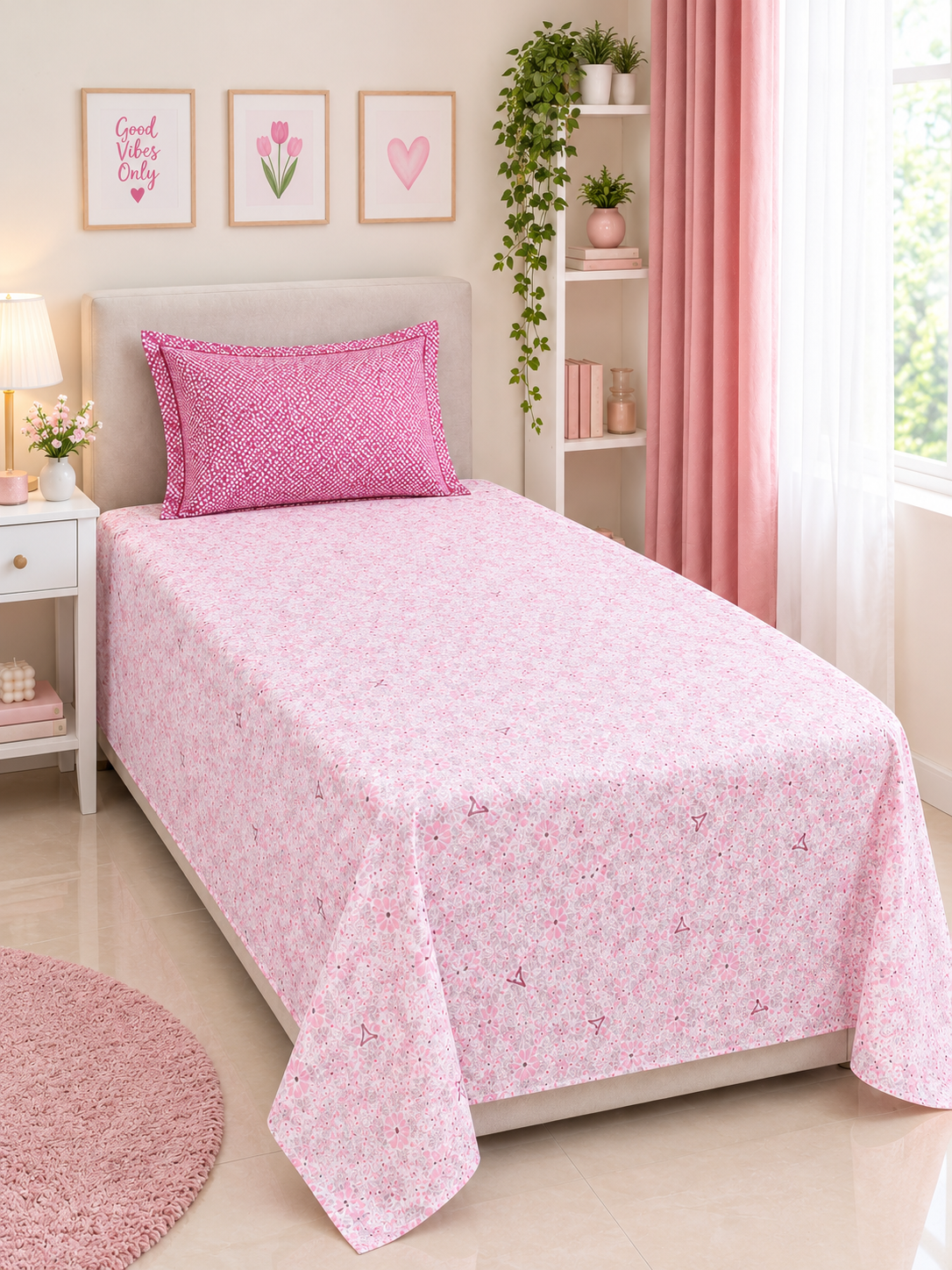 Athast Single Bedsheet with Pillow Covers, Light Pink colour