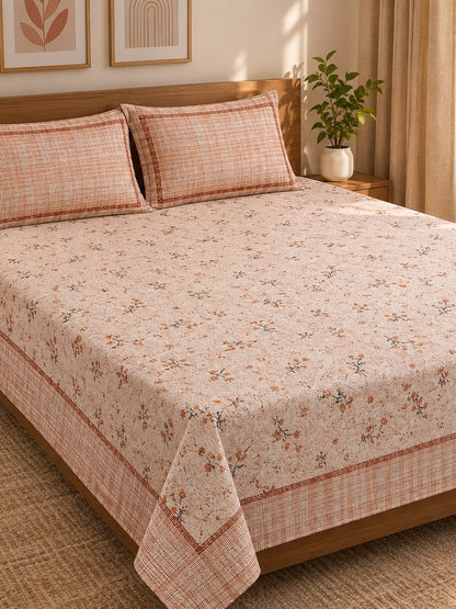 Athast Peach & Cream Floral Printed Double Bedsheet with Pillow Covers